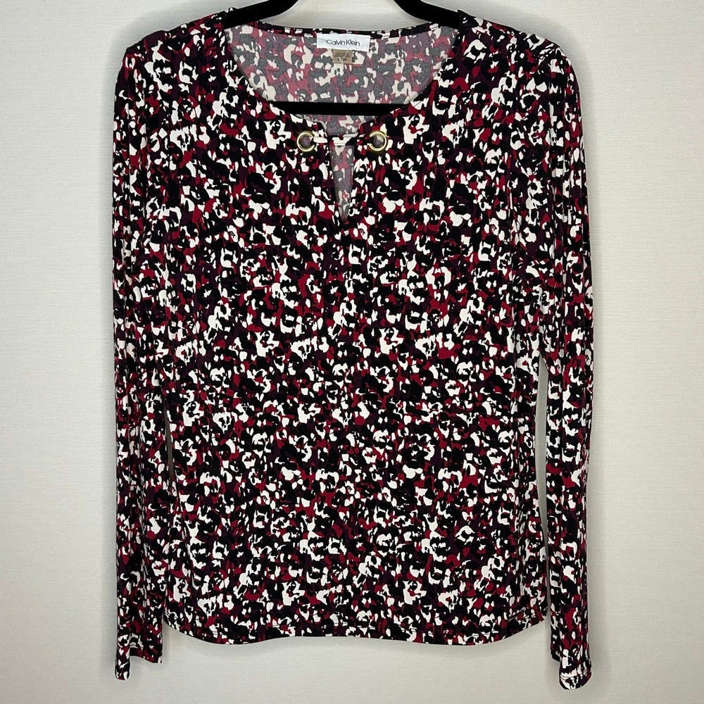 Calvin Klein Red Black White Abstract Long Sleeve Blouse S‎ NWOT Office Bold